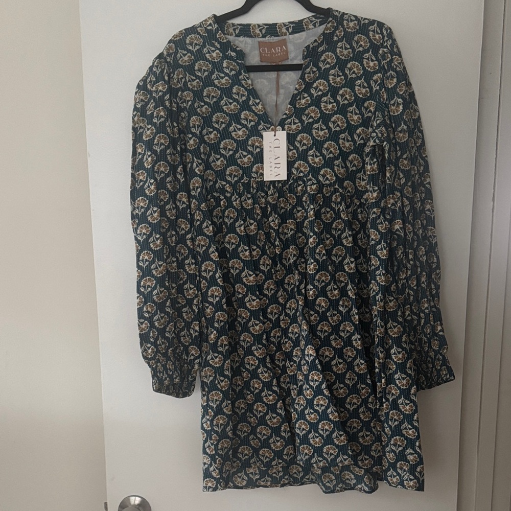 Clara The Label Teal Floral Block Print Long-Sleeve V-Neck Dress